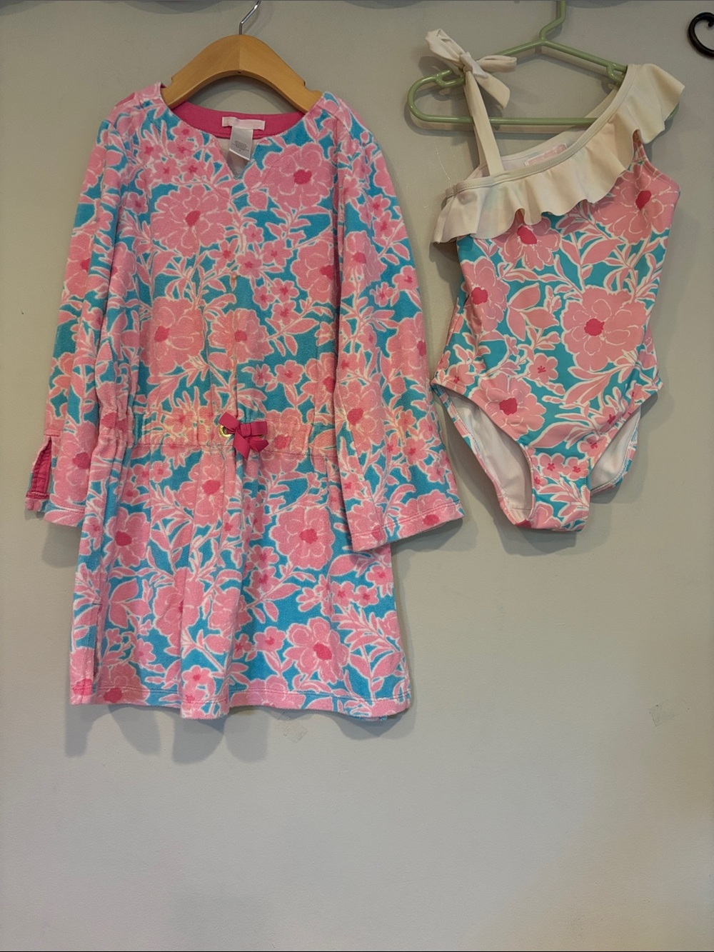 Janie and Jack Pink and Aqua Floral cover up &  Ruffle One-Shoulder Swimsuit